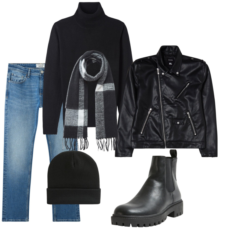 Outfit uomo - Pratico e sportivo. Stile Trendy per Tutti i giorni. Abbinamento con jeans, berretti, maglieria, giacche, stivali e stivaletti, sciarpe.