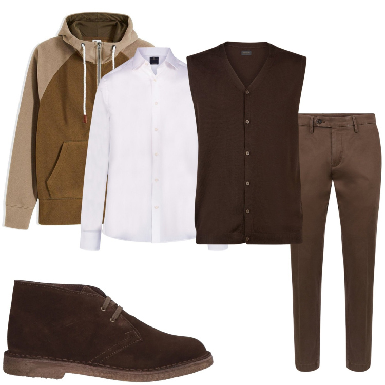 Outfit uomo - Giorno di lavoro. Stile Urban per Tutti i giorni. Abbinamento con giacche, stivali e stivaletti, camicie, pantaloni chino, gilet.