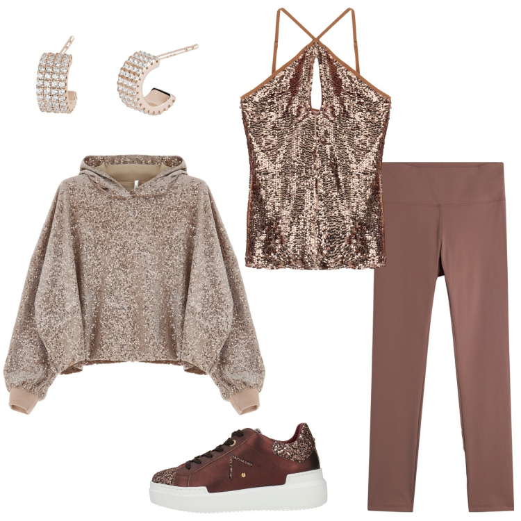 Outfit donna - Glamour in palestra. Stile Glamour per Sport. Abbinamento con sneakers, orecchini, felpe con cappuccio, top, leggings.