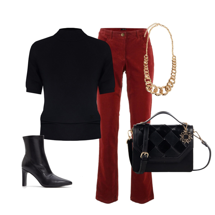 Outfit donna - Pantaloni rossi. Stile Glamour per Serata fuori. Abbinamento con pantaloni, stivaletti, borse a tracolla, maglieria, collane.