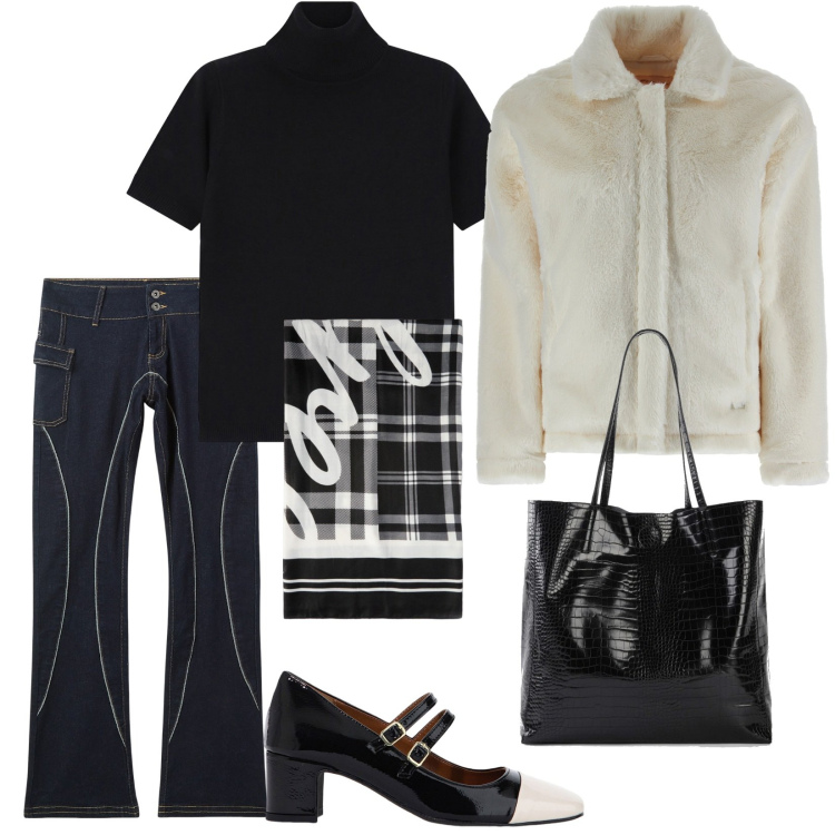 Outfit donna - Jeans particolari. Stile Trendy per Tutti i giorni. Abbinamento con shopping bag, jeans a zampa, décolleté, maglieria, cappotti, sciarpe.