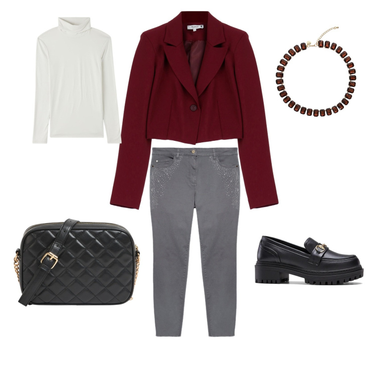 Outfit donna - In ufficio con stile. Stile Casual chic per Ufficio. Abbinamento con mocassini, borse a tracolla, maglieria, blazer, collane, jeans skinny.