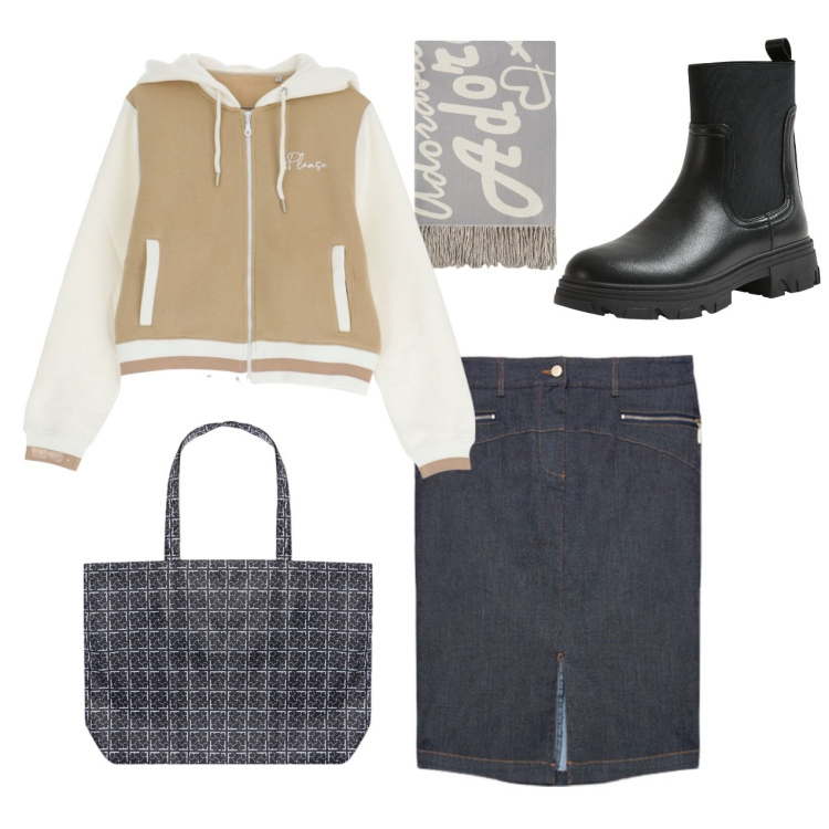Outfit donna - In felpa. Stile Urban per Scuola/Università. Abbinamento con stivaletti chelsea, felpe con cappuccio, shopping bag, gonne, sciarpe.