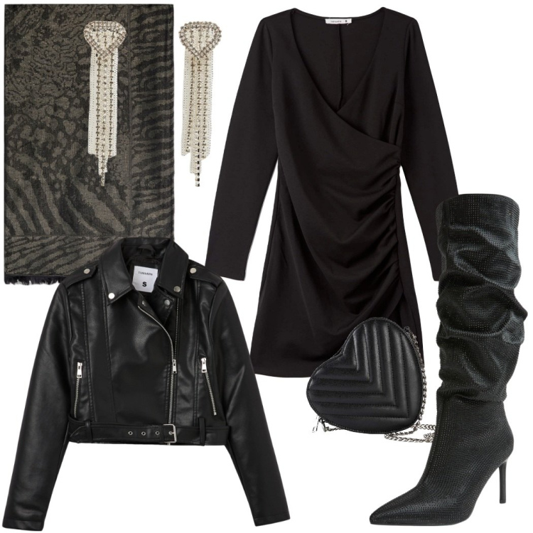 Outfit donna - Total black. Stile Sexy per Serata fuori. look ideale per Tall. Abbinamento con borse a tracolla, vestiti corti, stivali, giacche, orecchini, sciarpe.