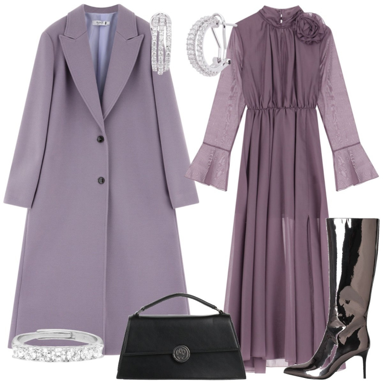 Outfit donna - Serata fuori. Stile Chic per Serata fuori. Abbinamento con stivali, borse a mano, anelli, orecchini, cappotti, vestiti lunghi.