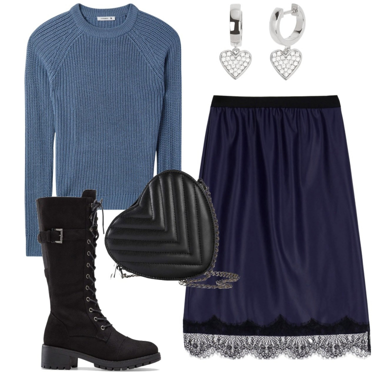 Outfit donna - La gonna in raso. Stile Urban per Serata fuori. Abbinamento con stivali, borse a tracolla, maglieria, orecchini, gonne.