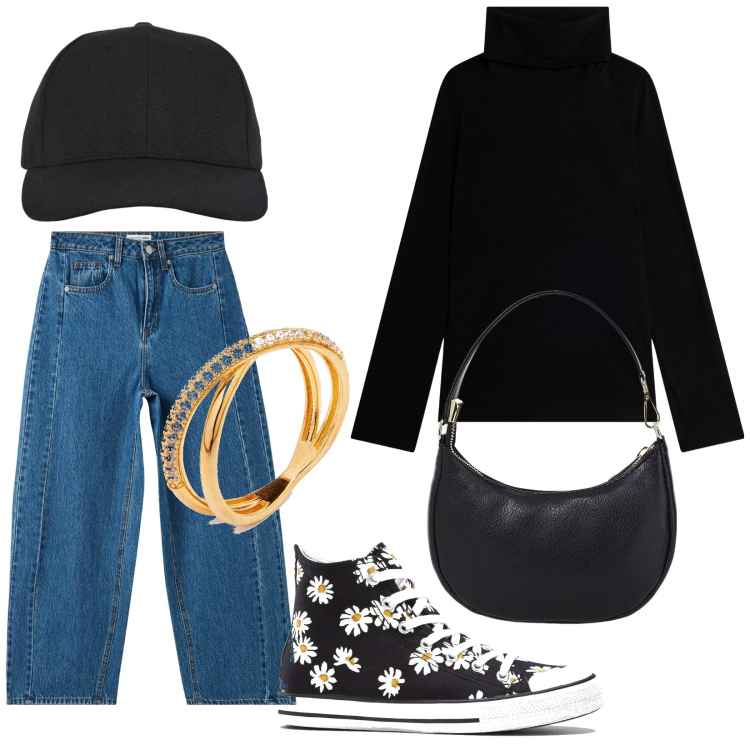 Outfit donna - Total look #2037337. Stile Urban per Tutti i giorni. Abbinamento con sneakers alte, anelli, cappelli con visiera, jeans, maglieria, borse a spalla.