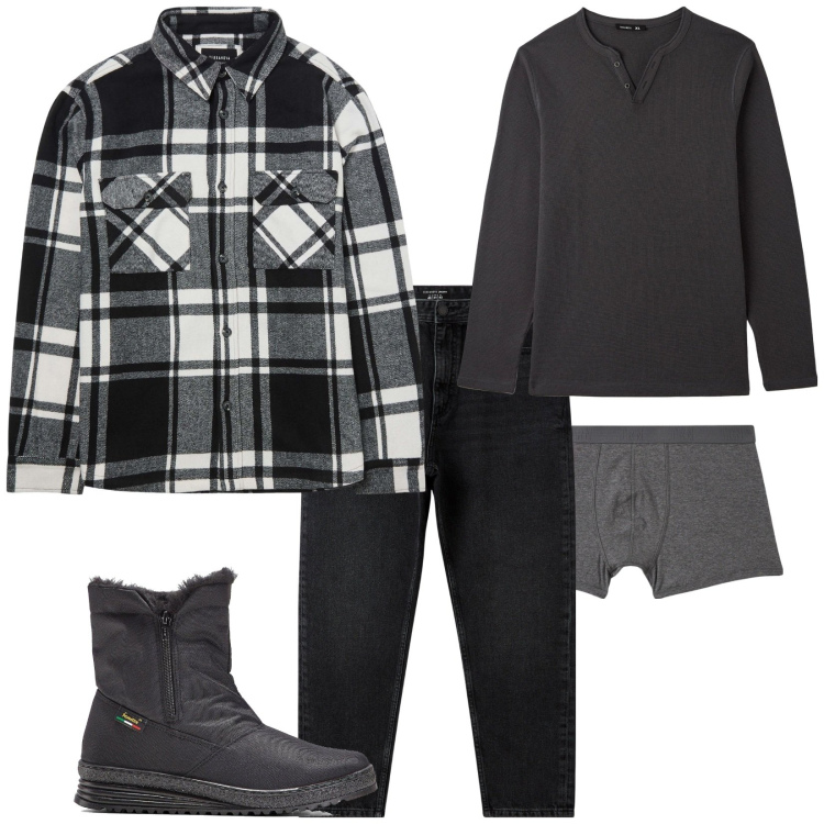 Outfit uomo - Stop. Stile Casual per Tutti i giorni. Abbinamento con stivali e stivaletti, t-shirt, boxer, jeans, cappotti.