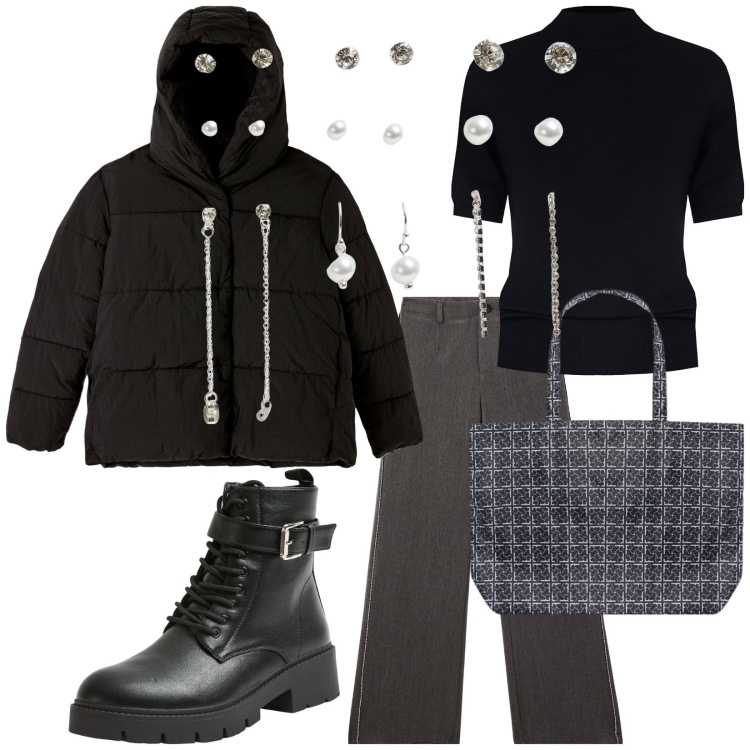 Outfit donna - Total look #2037342. Stile Casual per Tutti i giorni. Abbinamento con piumini, anfibi, orecchini, pantaloni, maglieria, shopping bag.