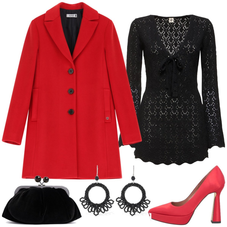 Outfit donna - Il rosso e il nero. Stile Chic per Serata fuori. Abbinamento con décolleté, cappotti, vestiti, orecchini, pochette.