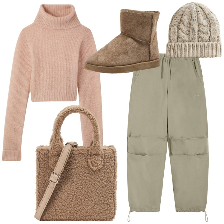 Outfit donna - Cipria. Stile Urban per Tutti i giorni. Abbinamento con maglieria, stivaletti, shopping bag, berretti, pantaloni.