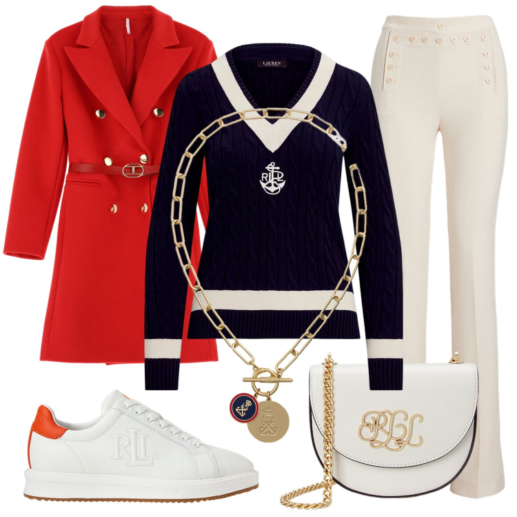 Outfit donna - Lauren Sea. Stile Casual chic Abbinamento con cappotti, borse a tracolla, sneakers, maglieria, pantaloni, ciondoli.