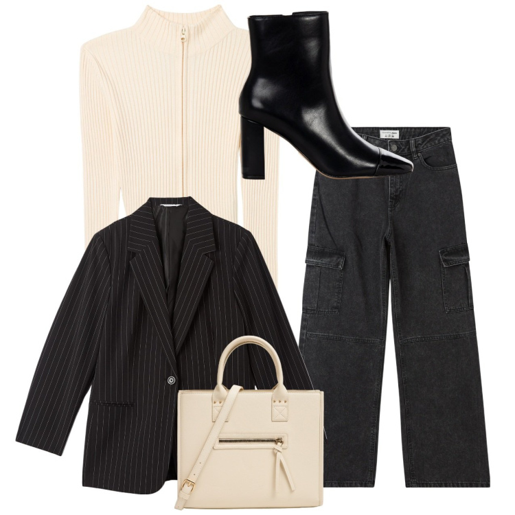 Outfit donna - Gessato. Stile Urban per Serata fuori. Abbinamento con jeans dritti, shopping bag, blazer, cardigans, stivaletti.