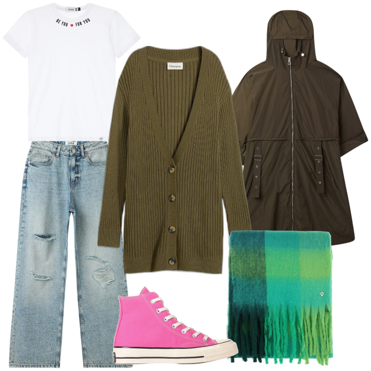 Outfit donna - Teen style con converse rosa!. Stile Trendy per Tutti i giorni. Abbinamento con cardigans, sneakers alte, trench, jeans strappati, t-shirt, stole.
