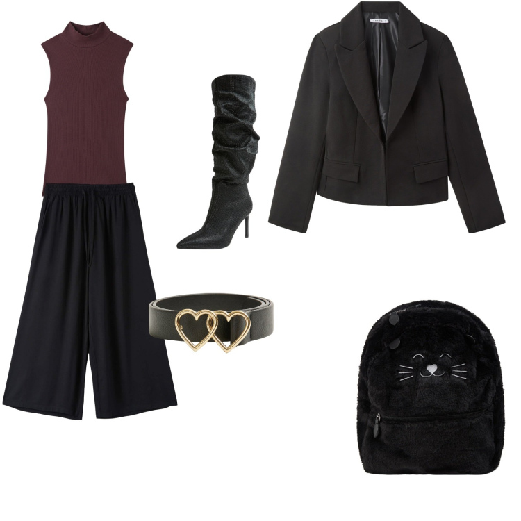 Outfit donna - Casual chic. Stile Casual chic per Tutti i giorni. Abbinamento con pantaloni a palazzo, cinture, stivali, top, zaini, blazer.