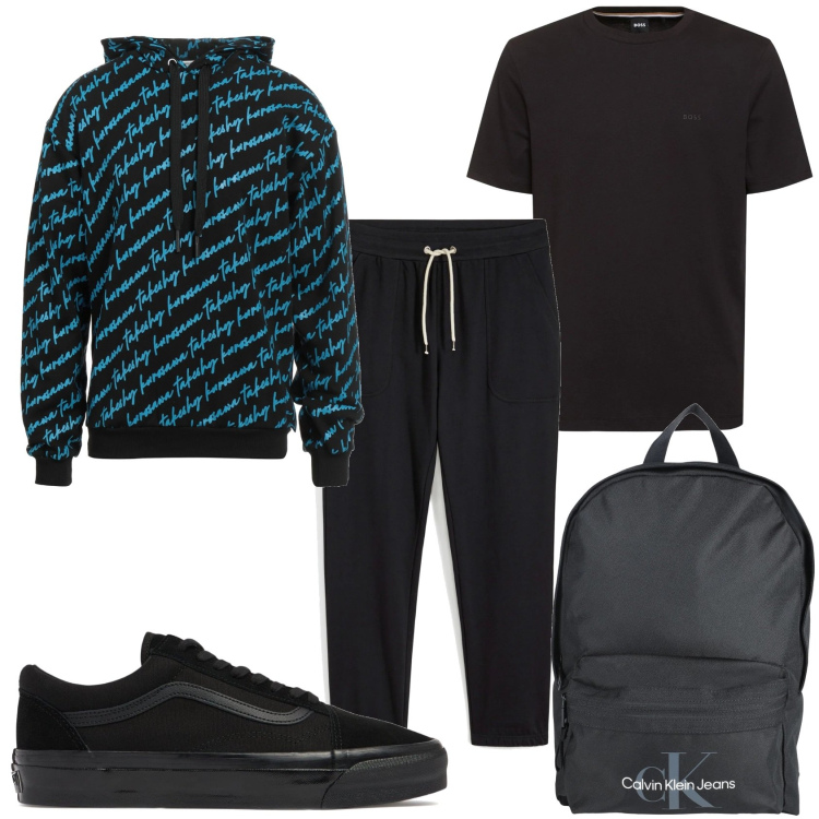 Outfit uomo - Sportivo in città. Stile Urban per Tutti i giorni. Abbinamento con pantaloni sportivi, borse sportive, felpe con cappuccio, t-shirt, sneakers.