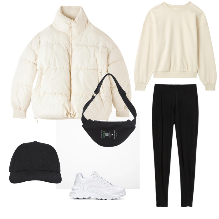 Outfit donna - Outfit comodo all day. Stile Sporty chic per Tutti i giorni. Abbinamento con leggings, sneakers, marsupi, cappelli con visiera, piumini, felpe.