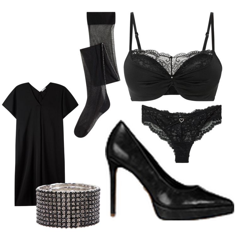 Outfit donna - Total black. Stile Chic per Serata fuori. Abbinamento con reggiseni push-up, collant, kimono, culotte, décolleté, braccialetti.