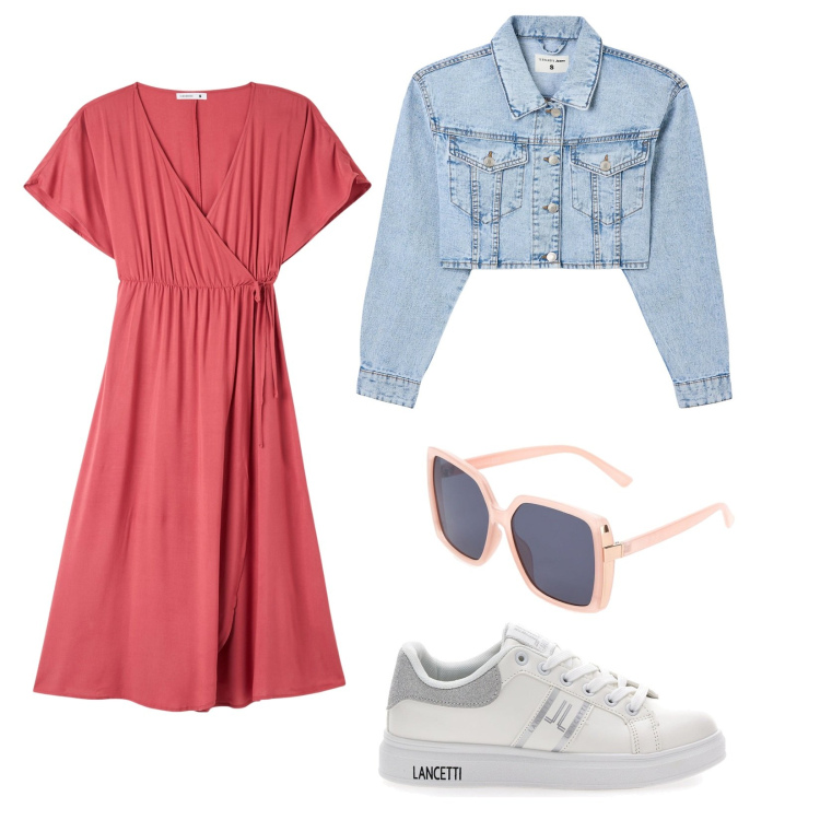 Outfit donna - Per il tempo libero. Stile Casual per Tutti i giorni. Abbinamento con vestiti lunghi, blazer, sneakers, occhiali da sole.