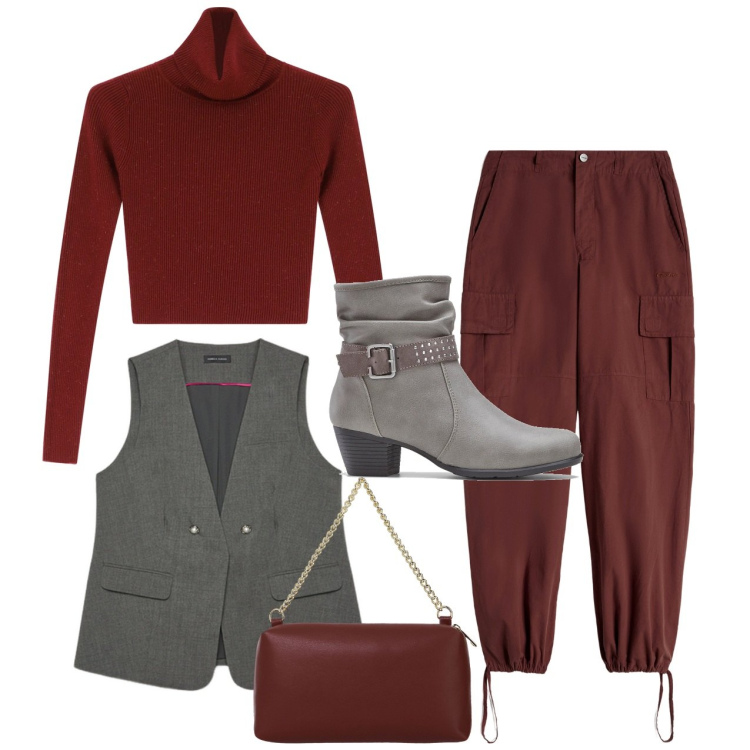 Outfit donna - Burgundy. Stile Urban per Tutti i giorni. Abbinamento con stivaletti, maglieria, pantaloni cargo, borse a tracolla, gilet.