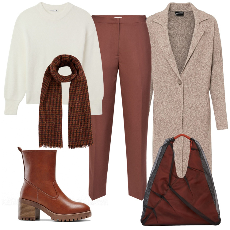 Outfit donna - Semplice. Stile Basic per Tutti i giorni. Abbinamento con cappotti, stivaletti, maglieria, pantaloni, shopping bag, sciarpe.