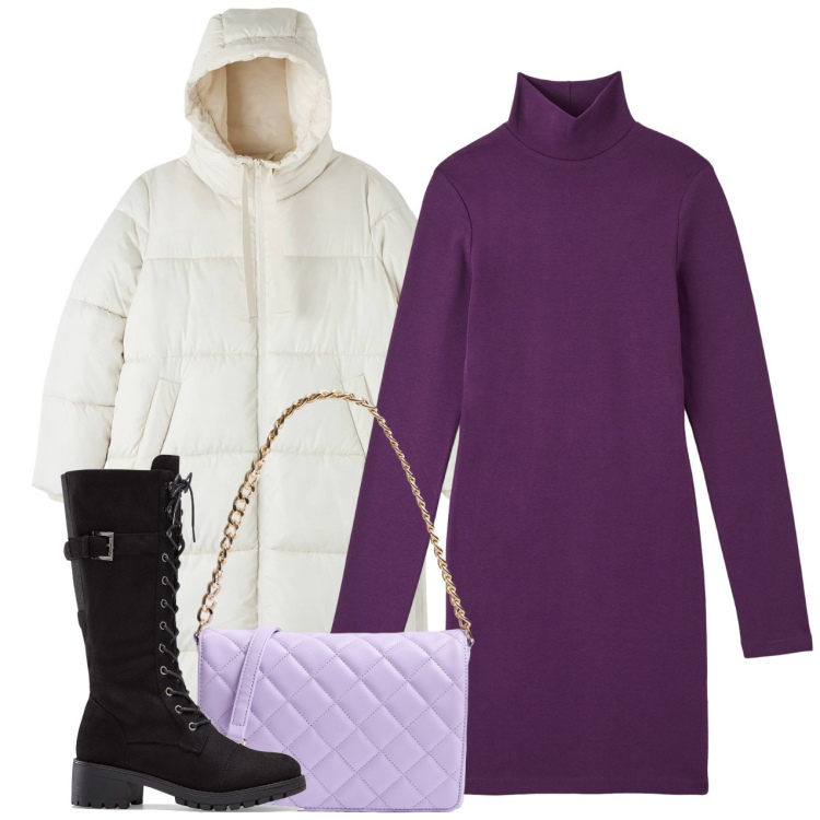 Outfit donna - L\'abito viola. Stile Minimal per Tutti i giorni. Abbinamento con stivali, vestiti midi/longuette, borse a tracolla, piumini.