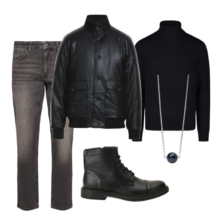 Outfit uomo - Total look #2037387. Stile Biker Rock per Tutti i giorni. Abbinamento con giacche, collane, stivali e stivaletti, maglieria, jeans.