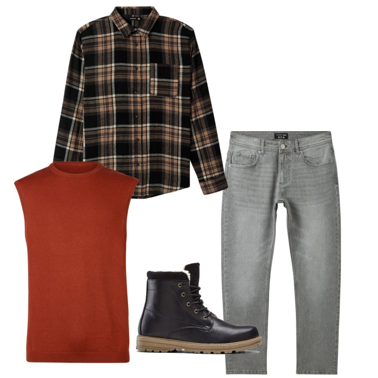 Outfit uomo - Gilet rosso. Stile Casual per Tutti i giorni. Abbinamento con stivali e stivaletti, jeans, camicie, gilet.