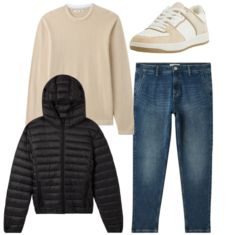 Outfit uomo - Beige. Stile Casual per Tutti i giorni. Abbinamento con giacche, maglieria, jeans, sneakers.