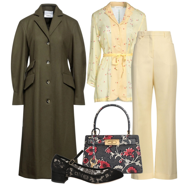 Outfit donna - Giallo tenue. Stile Casual chic per Tutti i giorni. Abbinamento con camicie, pantaloni, borse a mano, décolleté, cappotti.