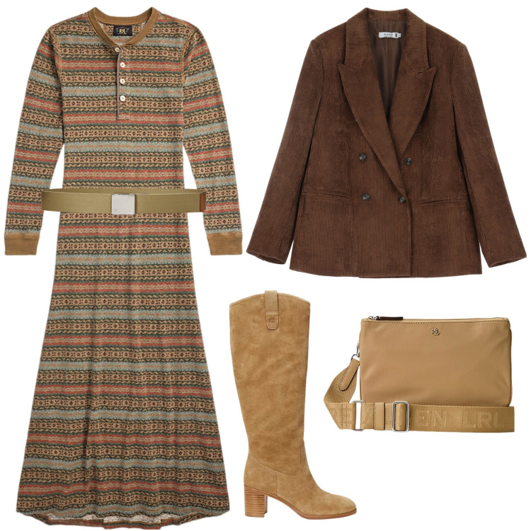 Outfit donna - L\'abito a righe. Stile 70s per Tutti i giorni. Abbinamento con blazer, borse a tracolla, vestiti, cinture, stivali.