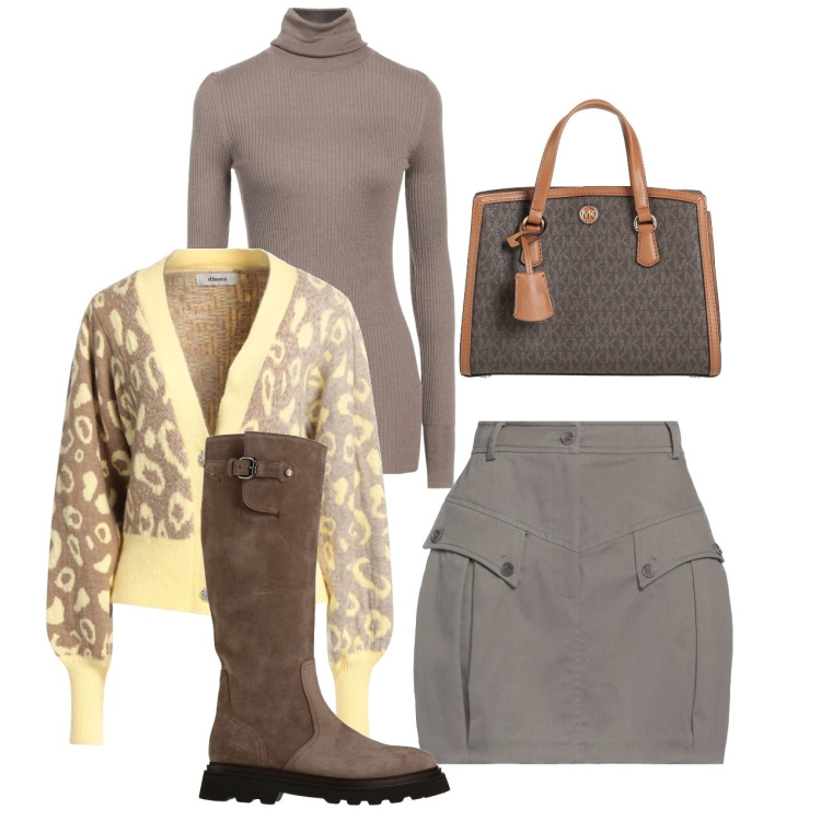 Outfit donna - Il cardigan avvitato. Stile Chic per Tutti i giorni. Abbinamento con stivali, cardigans, minigonne, borse a mano, maglieria.