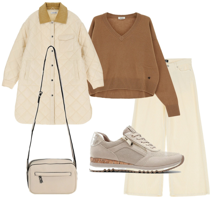 Outfit donna - Casual per tutti i giorni. Stile Casual per Tutti i giorni. Abbinamento con sneakers, borse a tracolla, blazer, jeans, maglieria.