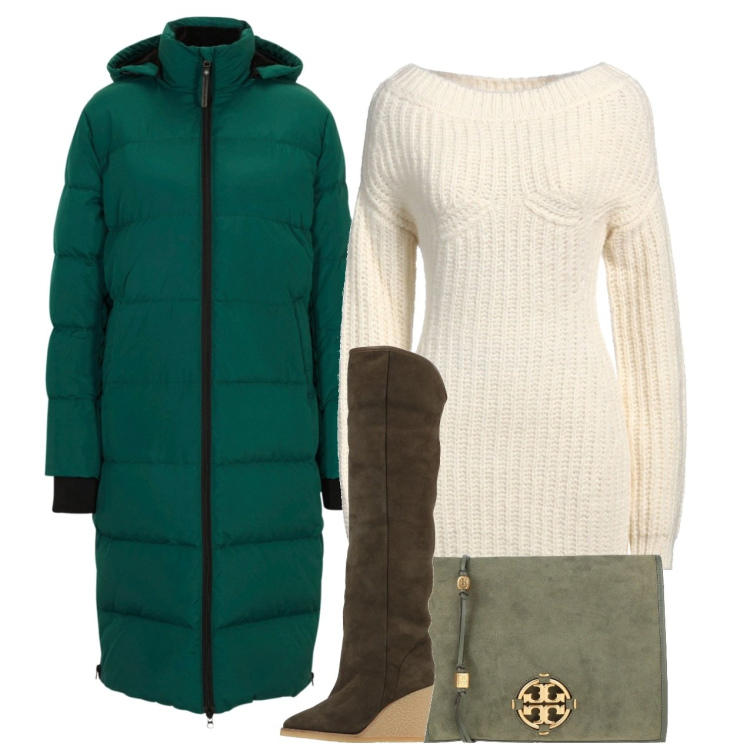 Outfit donna - Maglia e piumino. Stile Chic per Tutti i giorni. Abbinamento con piumini, borse a tracolla, vestiti corti, stivali sopra il ginocchio.
