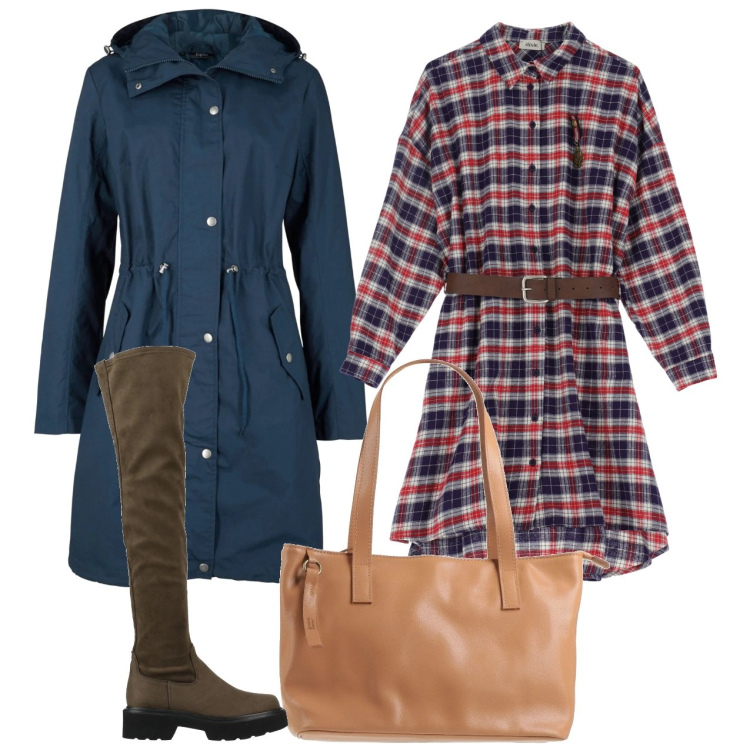 Outfit donna - Lo chemisier a quadri. Stile Urban per Tutti i giorni. Abbinamento con parka, stivali sopra il ginocchio, borse a mano, vestiti.