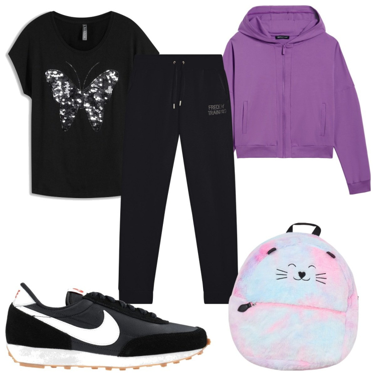 Outfit donna - Total look #2037443. Stile Trendy per Sport. Abbinamento con maglieria, sneakers, zaini, pantaloni, felpe con cappuccio.
