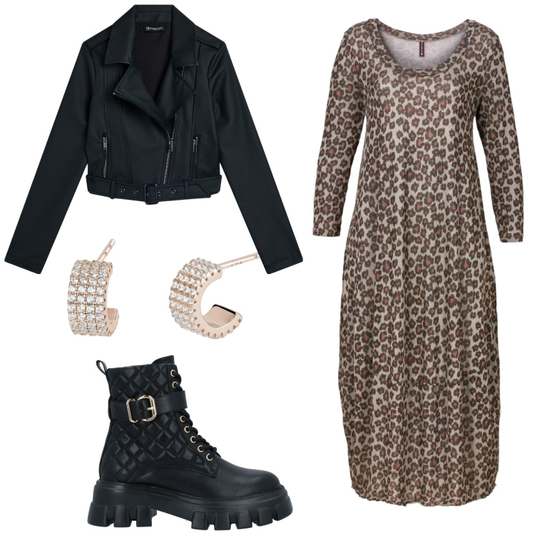 Outfit donna - Rock. Stile Rock per Tutti i giorni. Abbinamento con vestiti midi/longuette, stivaletti, orecchini, giacche.