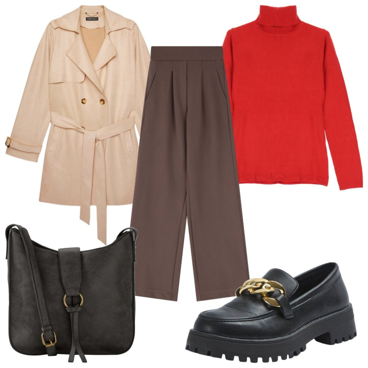 Outfit donna - Total look #2037455. Stile Casual per Ufficio. Abbinamento con borse a tracolla, mocassini, maglieria, pantaloni, trench.