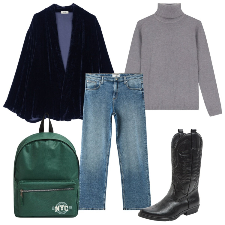 Outfit donna - Total look #2037460. Stile Casual per Tutti i giorni. Abbinamento con zaini, jeans dritti, stivali, maglieria, blazer.