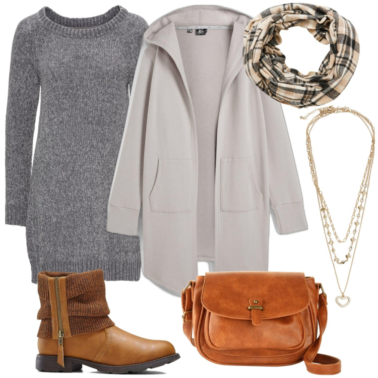 Outfit donna - Una sciarpa e via. Stile Basic per Tutti i giorni. Abbinamento con blazer, vestiti, borse a tracolla, stivaletti, collane, sciarpe.