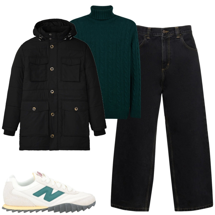 Outfit uomo - City. Stile Casual per Tutti i giorni. Abbinamento con parka, sneakers, jeans, maglieria.