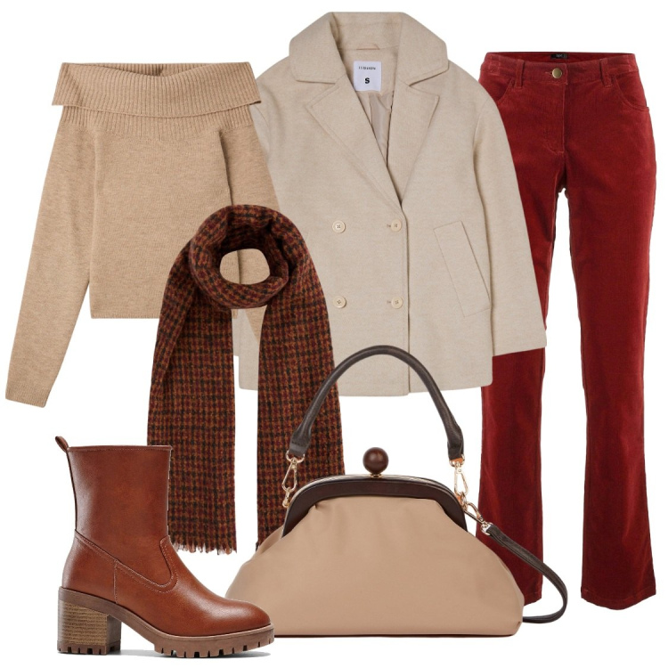 Outfit donna - Toni caldi che scaldano. Stile Casual per Tutti i giorni. Abbinamento con stivaletti, pantaloni, caban, maglieria, clutch, sciarpe.
