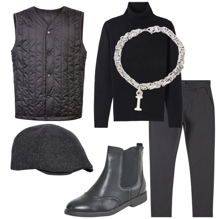 Outfit uomo - Ivan. Stile Business/Elegante per Ufficio. Abbinamento con stivali e stivaletti, pantaloni chino, maglieria, braccialetti, piumini, cappelli con visiera.
