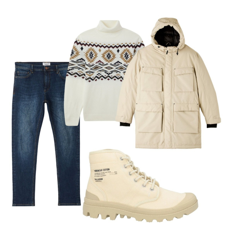 Outfit uomo - Total look #2037525. Stile Casual per Tutti i giorni. Abbinamento con stivali e stivaletti, maglieria, jeans skinny, parka.