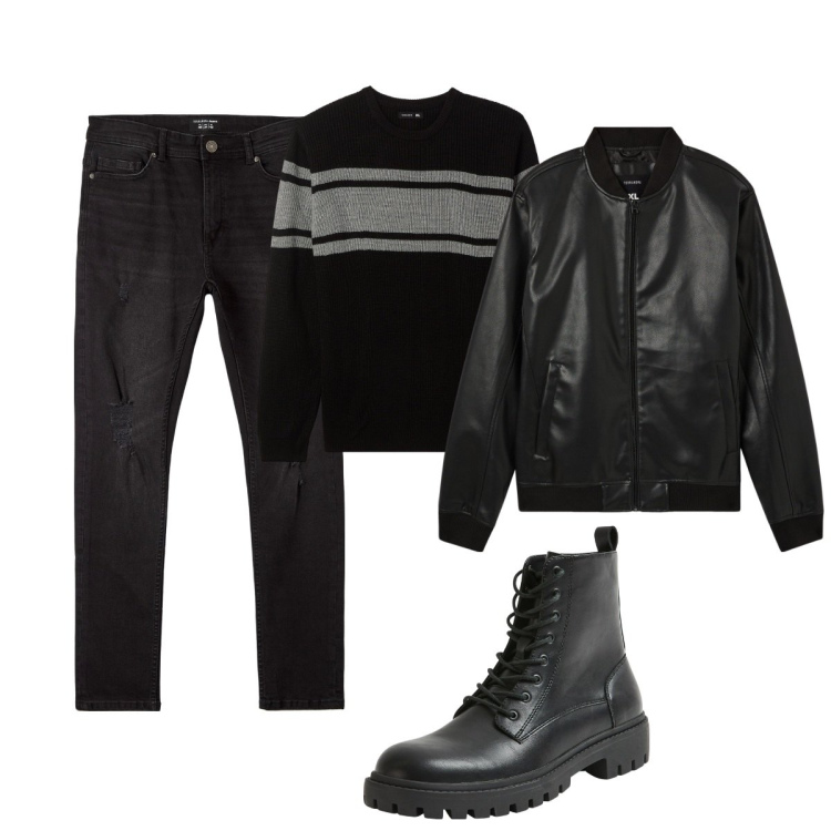 Outfit uomo - Total look #2037526. Stile Urban per Tutti i giorni. Abbinamento con bomber, jeans strappati, anfibi, maglieria.