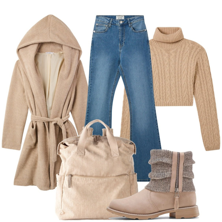 Outfit donna - Vivere la città. Stile Casual per Tutti i giorni. Abbinamento con stivaletti, zaini, maglieria, cappotti, jeans a zampa.