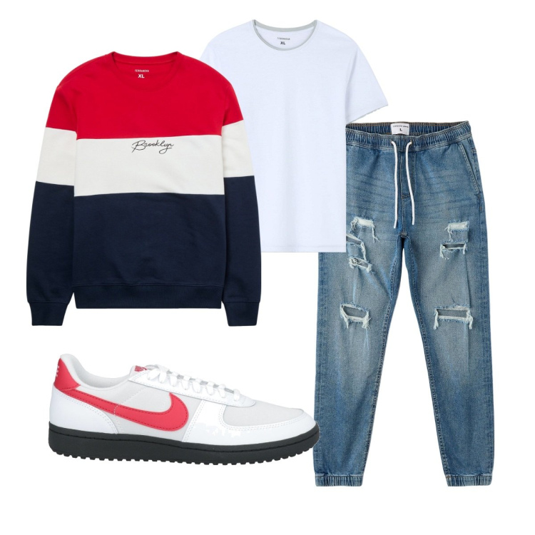 Outfit uomo - Total look #2037533. Stile Casual per Tutti i giorni. Abbinamento con sneakers, felpe, jeans strappati, t-shirt.