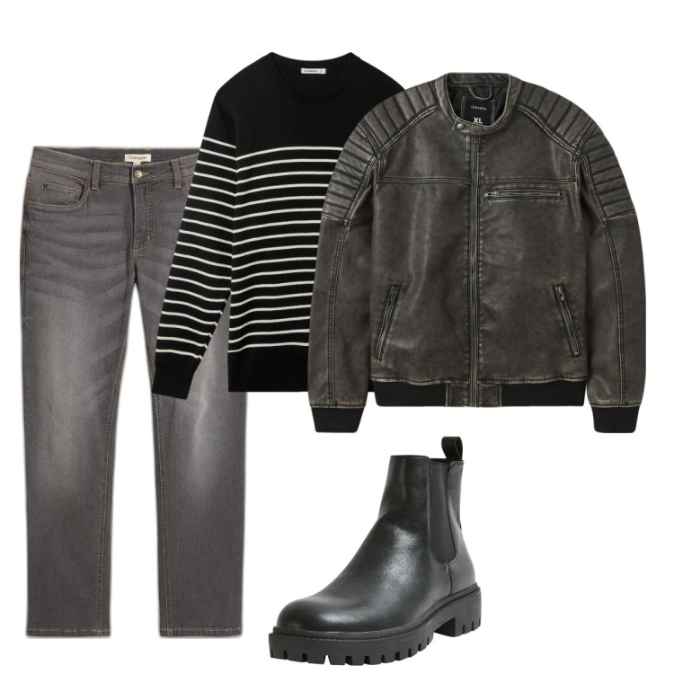 Outfit uomo - Total look #2037539. Stile Biker Rock per Tutti i giorni. Abbinamento con jeans dritti, giacche, stivali e stivaletti, maglieria.