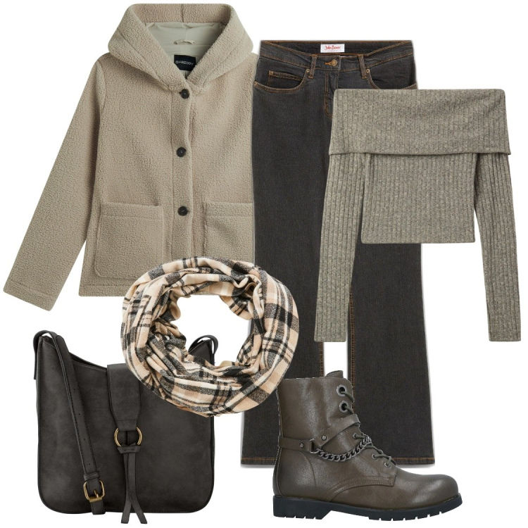 Outfit donna - La borsa da città. Stile Casual per Tutti i giorni. Abbinamento con borse a tracolla, jeans bootcut, stivaletti, maglieria, sciarpe, blazer.
