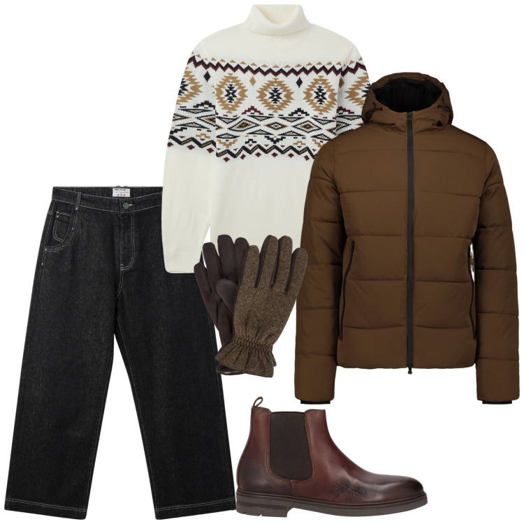 Outfit uomo - Il freddo di gennaio. Stile Casual per Tutti i giorni. Abbinamento con stivali e stivaletti, maglieria, jeans, piumini, guanti.